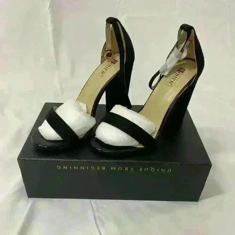 !d!FU Black Suede Chunky Heels Ankle Strap Size 8​